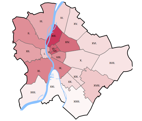 Budapest legnépszerűbb kerületei lakáskereslet szerint. Minél sötétebb a kerület, annál nagyobb benne a kereslet. Forrás: Duna House